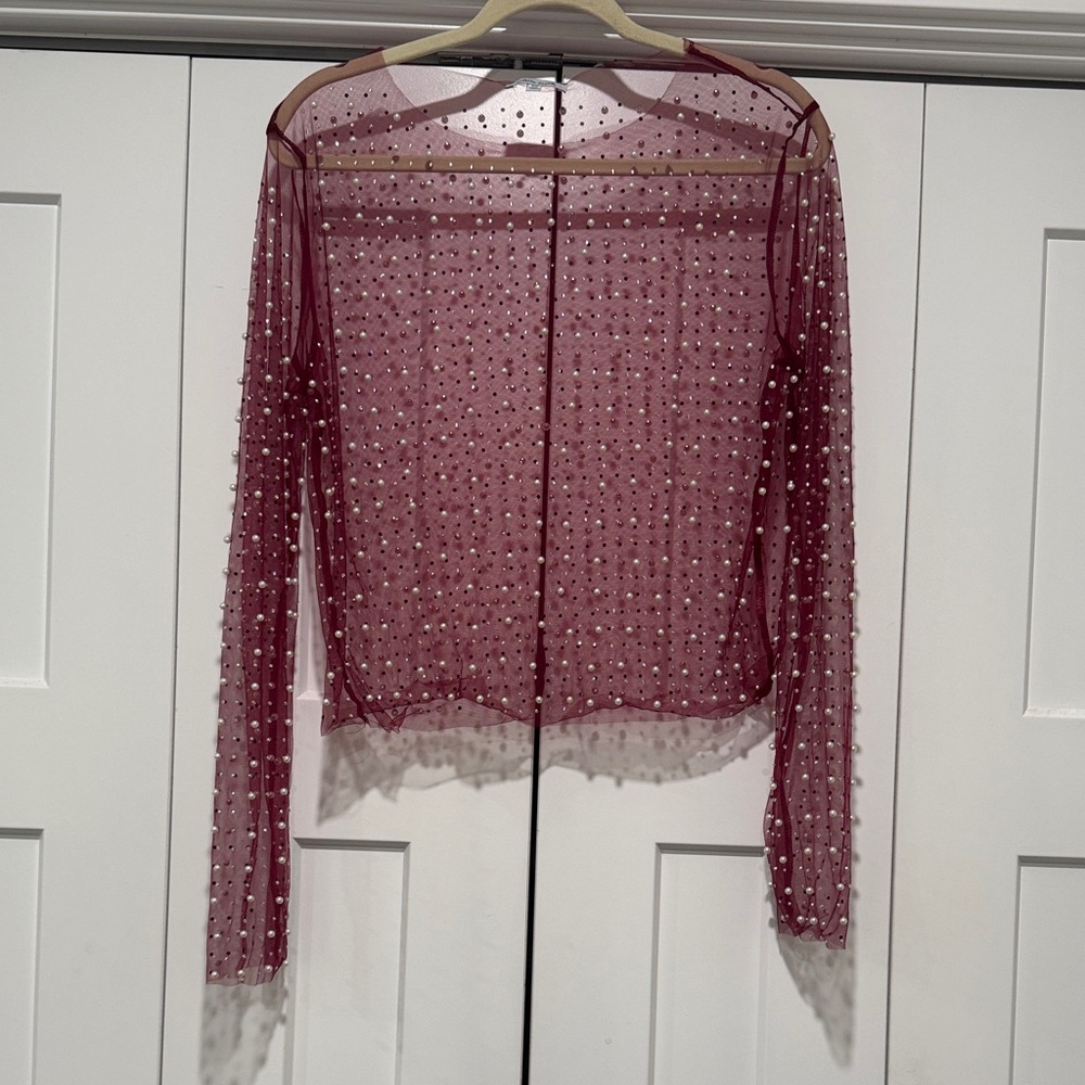 White Birch Burgundy Sheer Beaded Blouse